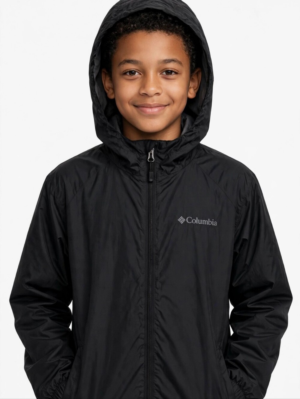 Columbia Kids Size 10/12 Black Hooded Rain Shell Jacket Zip Up.